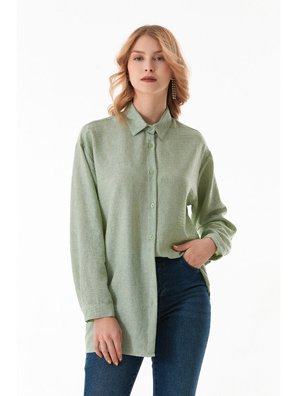 Turkuaz Kırçıllı Düğmeli Oversize Gömlek