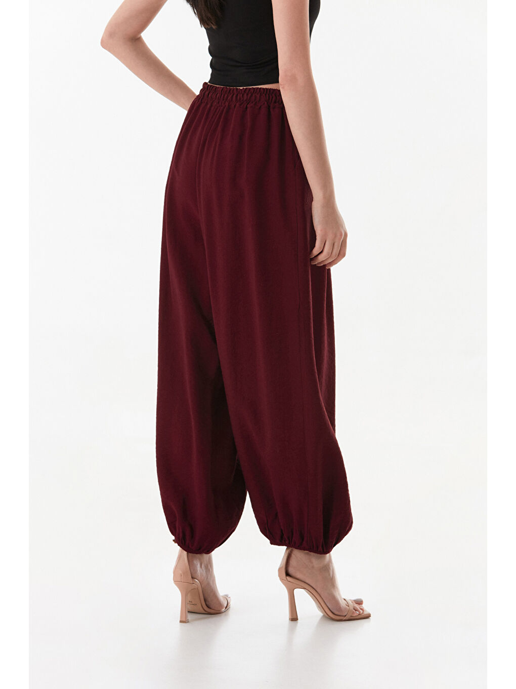 Bordo Beli Ve Paçası Lastikli Şalvar Pantolon-4
