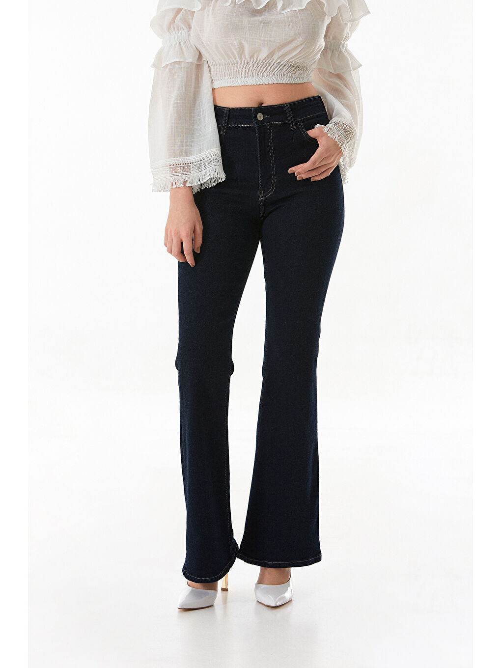 Lacivert Yüksek Bel Flare Jean-3