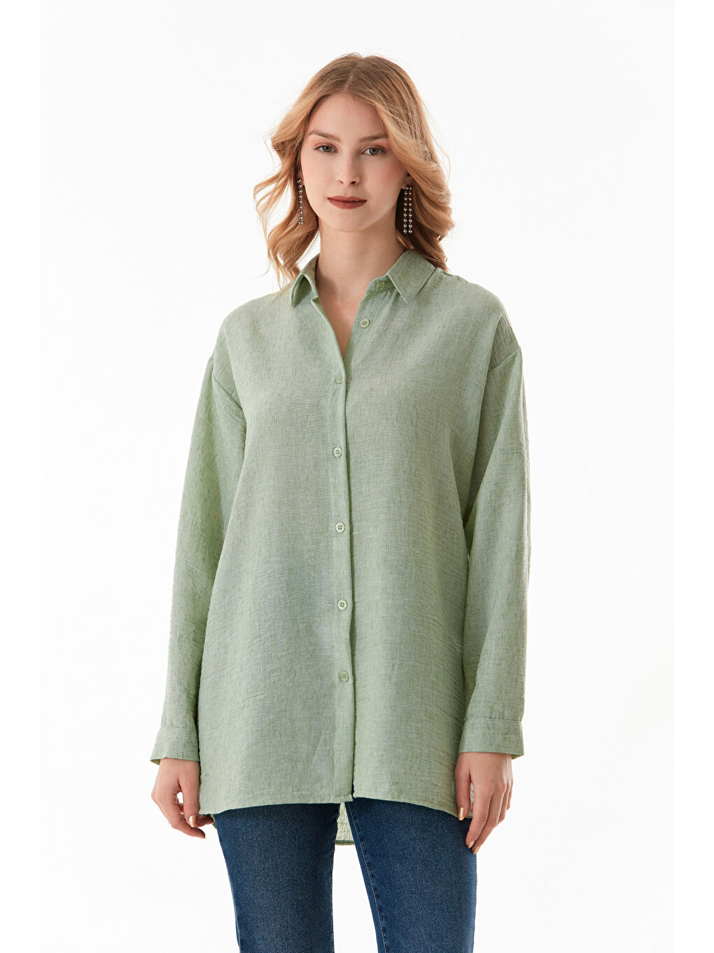 Turkuaz Kırçıllı Düğmeli Oversize Gömlek-1