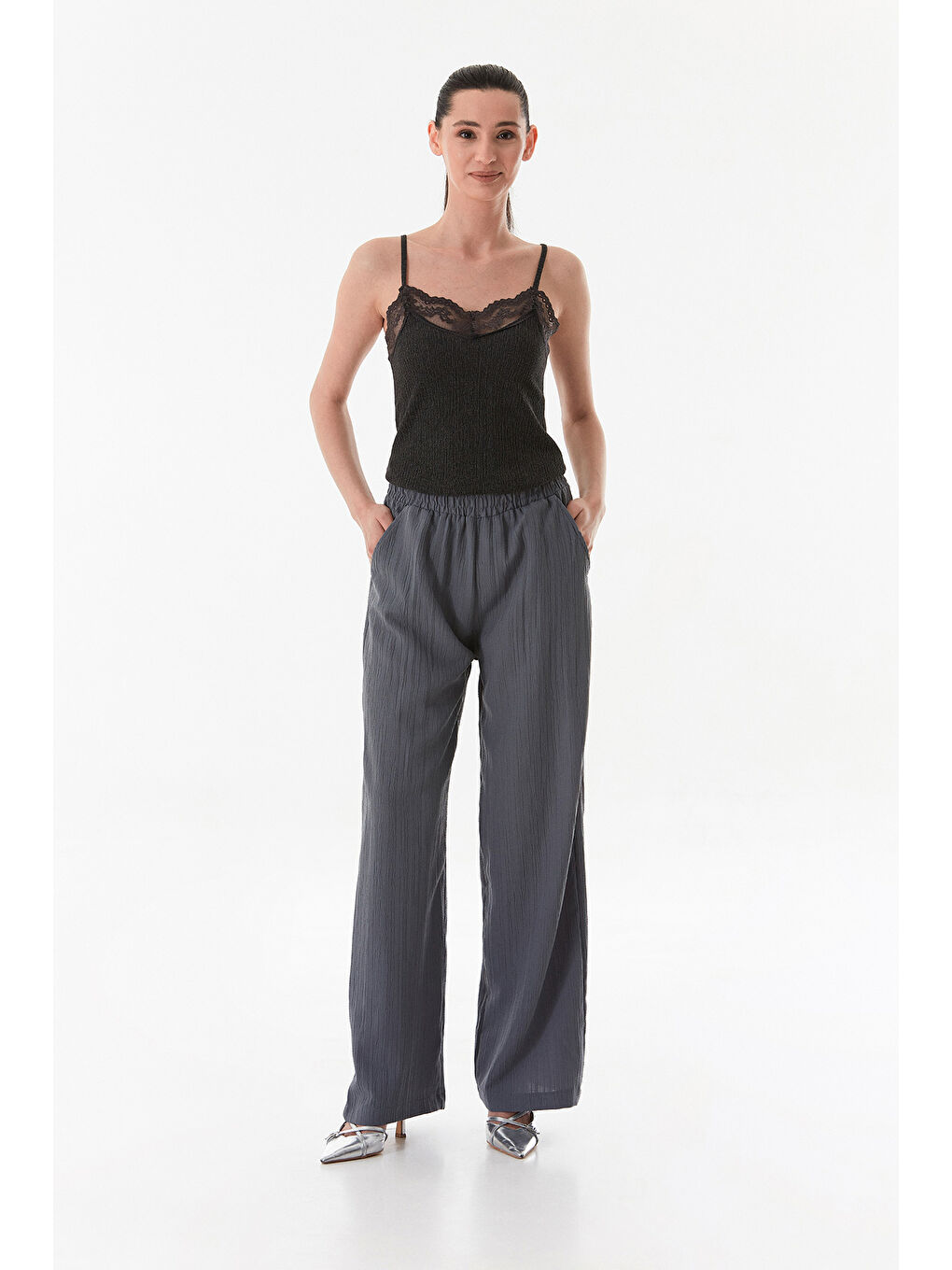 Gri Krep Kumaş Palazzo Pantolon