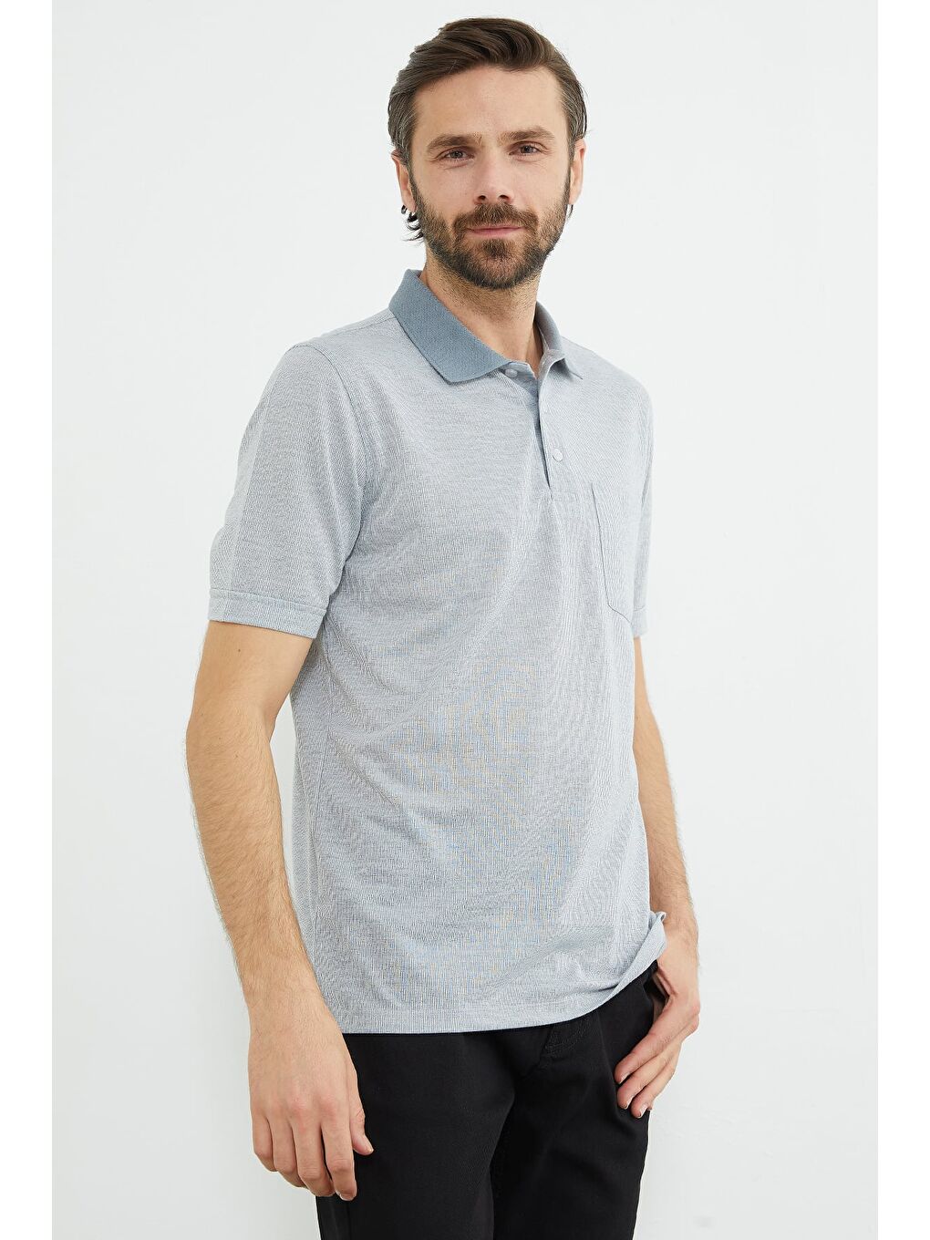 Gri Desenli Düğmeli Polo Yaka Tek Cepli Tişört-2