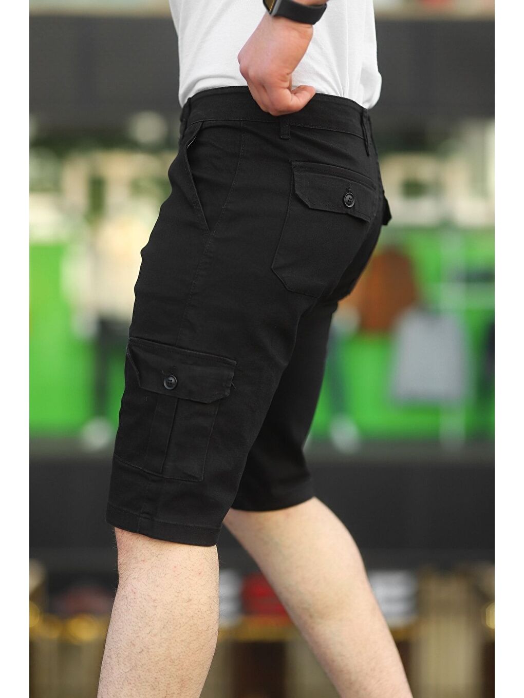 Siyah Erkek Kargo Yandan Cepli Gabardin Esnek Kumaş Slim Fit Kapri-1