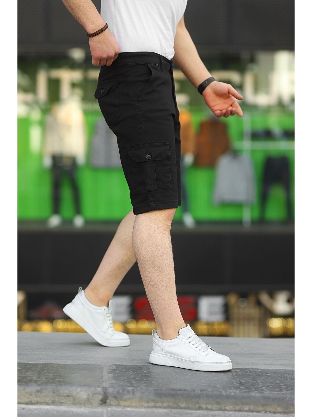 Siyah Erkek Kargo Yandan Cepli Gabardin Esnek Kumaş Slim Fit Kapri-2