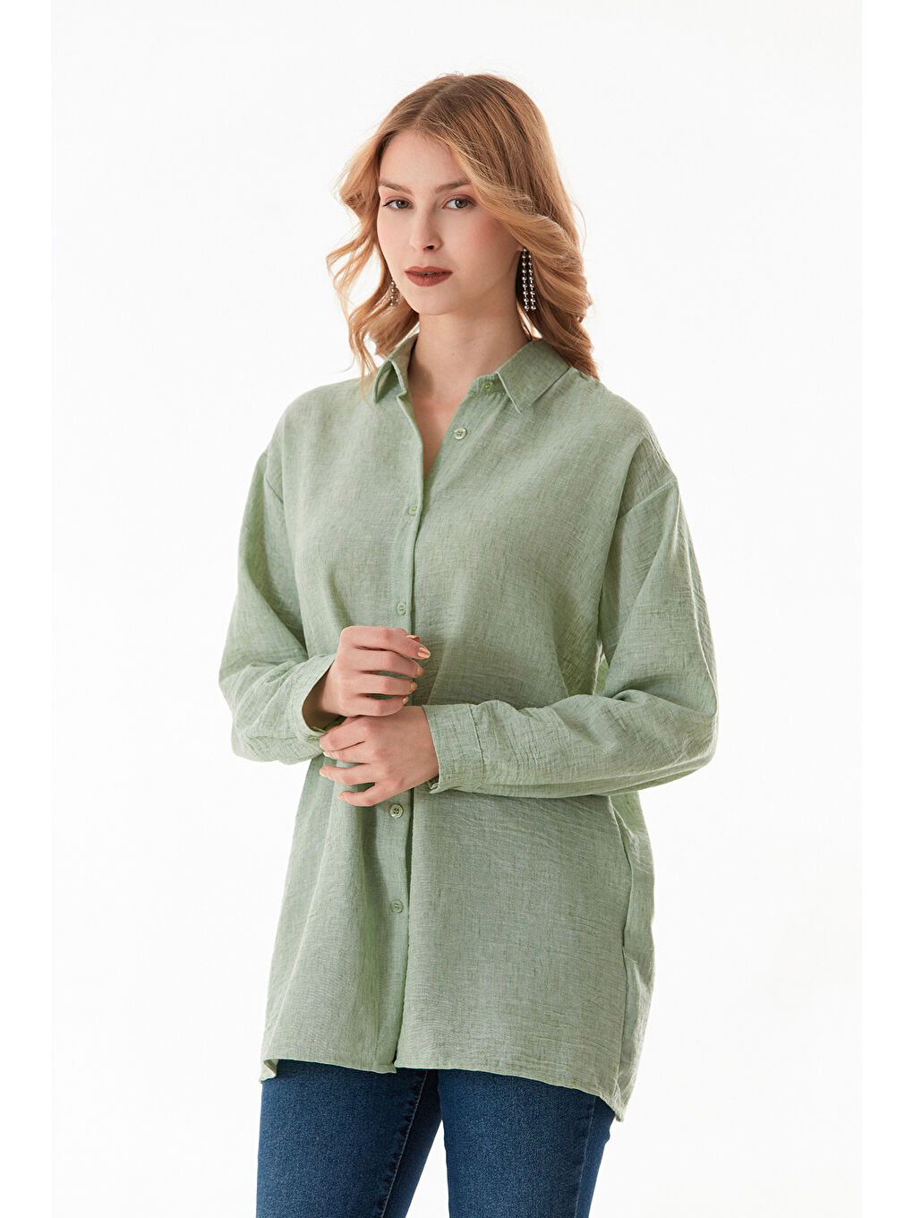 Turkuaz Kırçıllı Düğmeli Oversize Gömlek-2