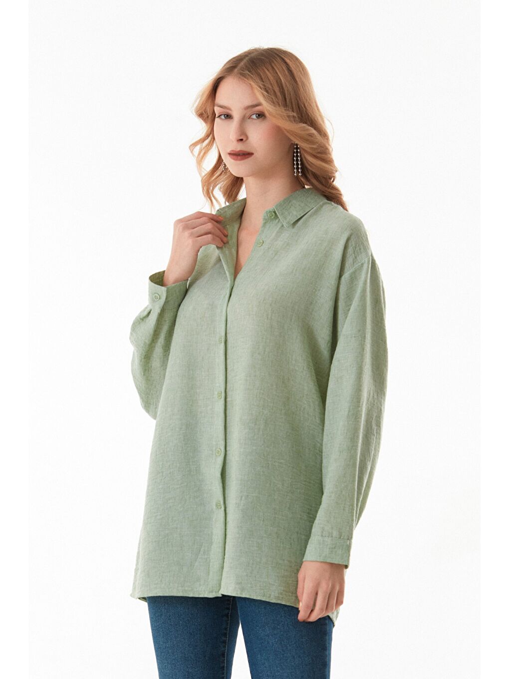 Turkuaz Kırçıllı Düğmeli Oversize Gömlek-3