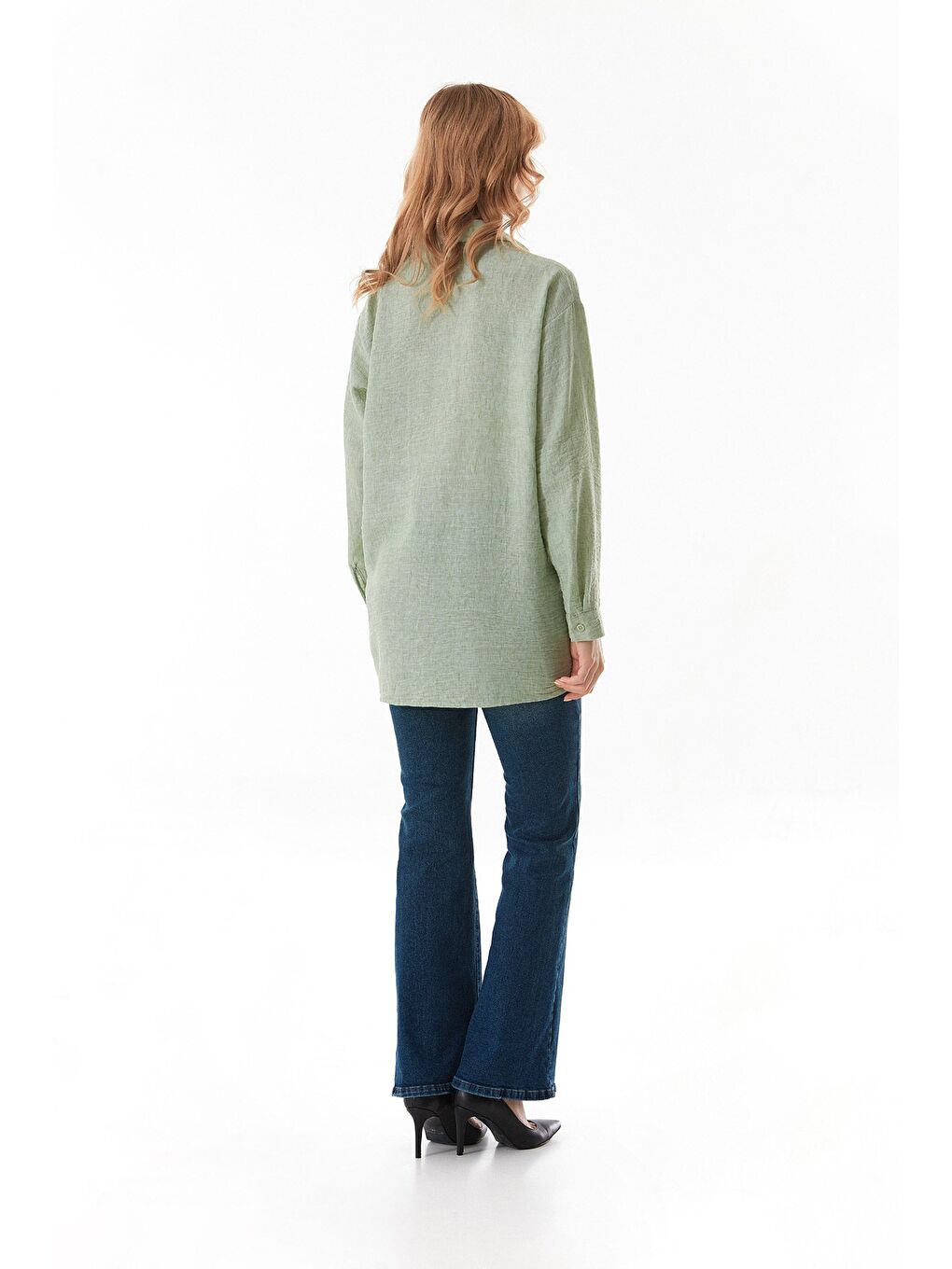 Turkuaz Kırçıllı Düğmeli Oversize Gömlek-4