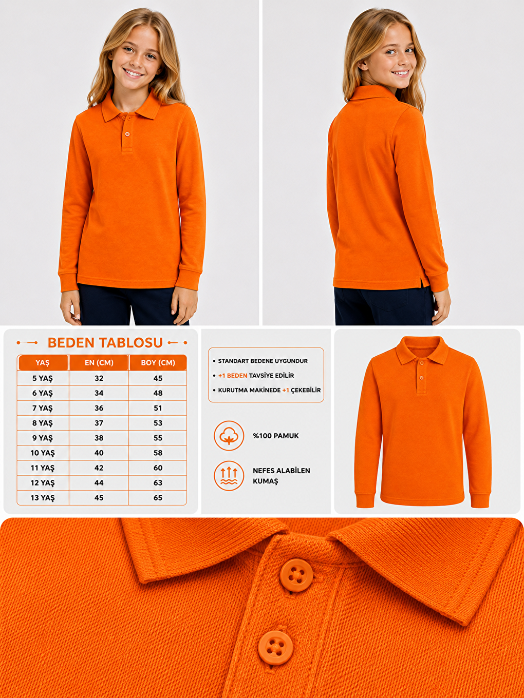 Turuncu Kids Polo Yaka Basic Uzun Kollu Unisex Kız Çocuk Tişört-1