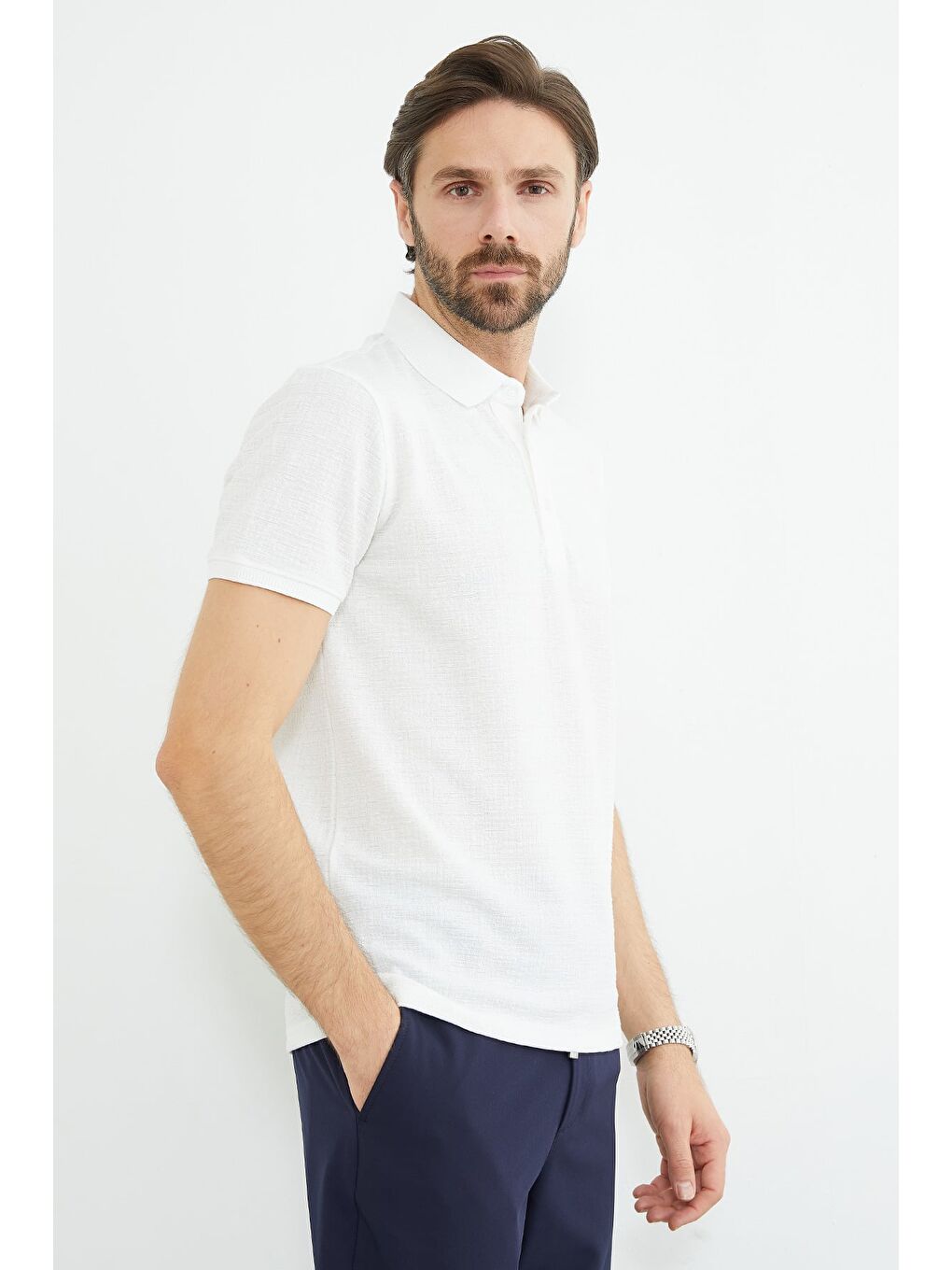 Ekru Desenli Polo Yaka Regular Fit Tişört-1