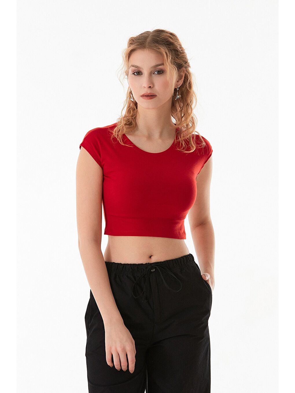 Kırmızı Basic Bisiklet Yaka Crop Tişört-2