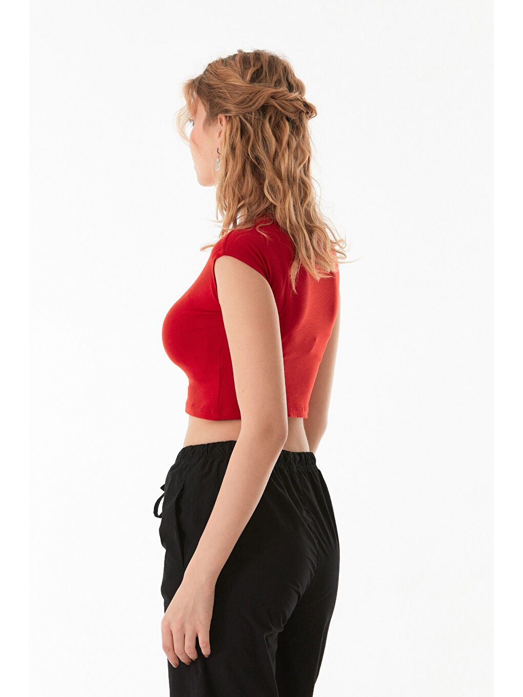 Kırmızı Basic Bisiklet Yaka Crop Tişört-3