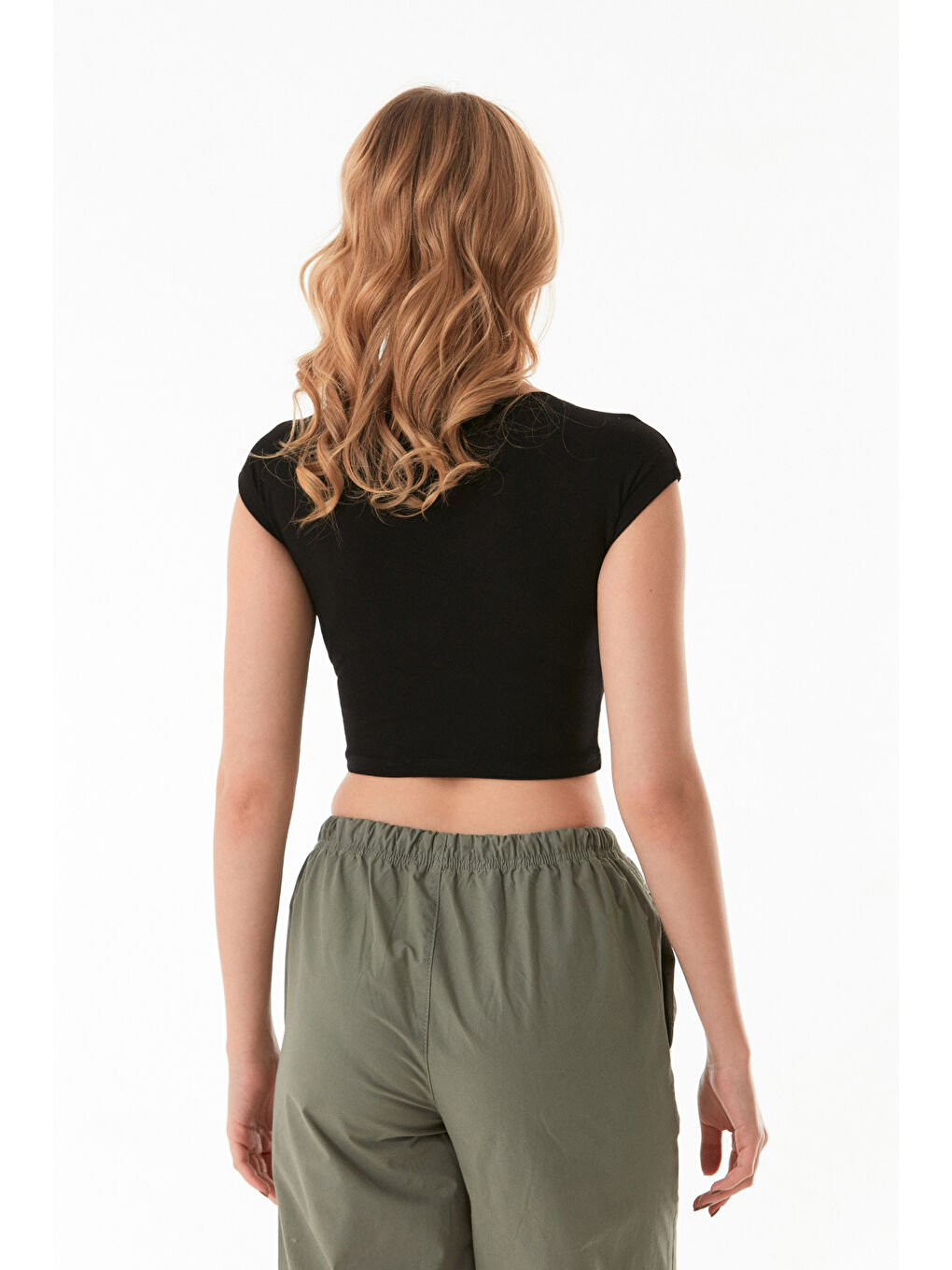 Siyah Basic Bisiklet Yaka Crop Tişört-2