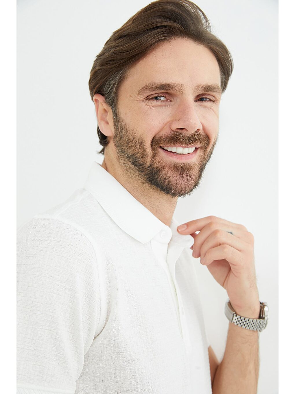 Ekru Desenli Polo Yaka Regular Fit Tişört-3