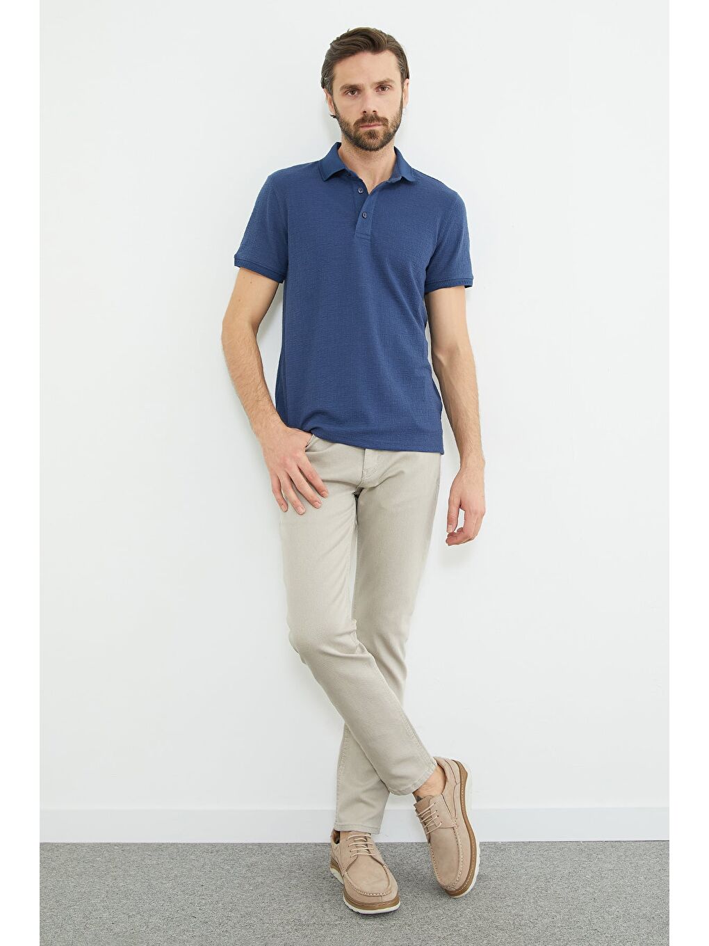 İndigo Desenli Polo Yaka Regular Fit Tişört-1