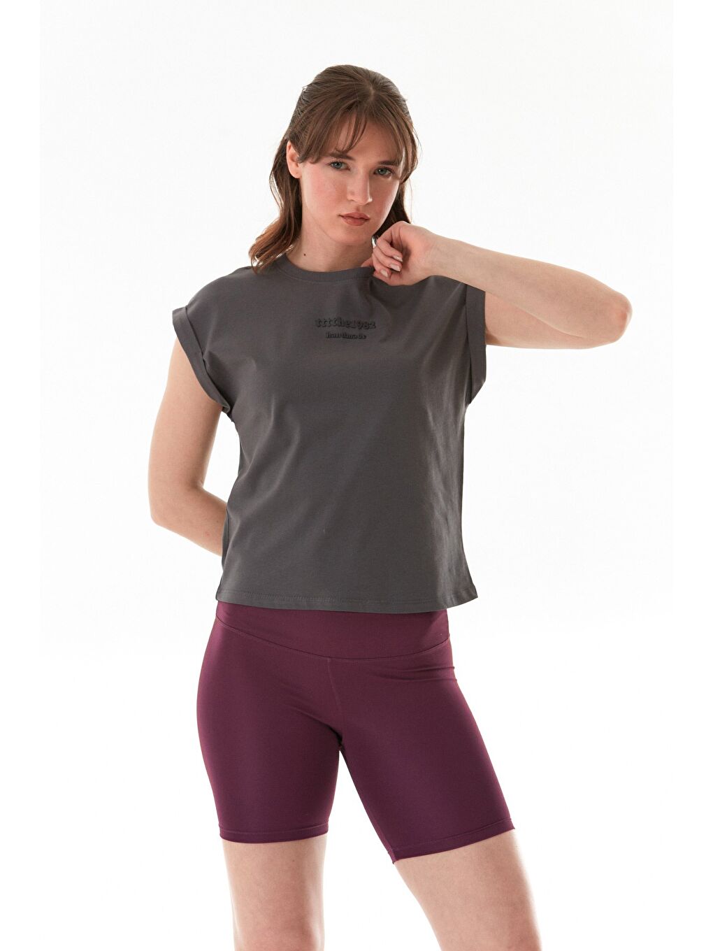 Antrasit Yazı Kabartma Baskılı Japone Kol Tişört-1