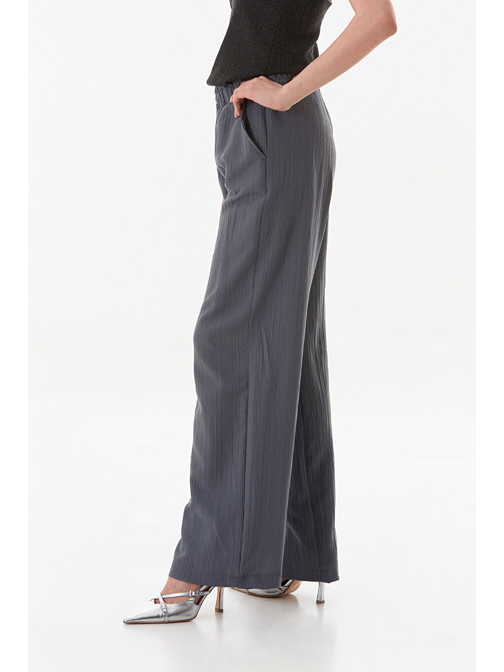 Gri Krep Kumaş Palazzo Pantolon-4