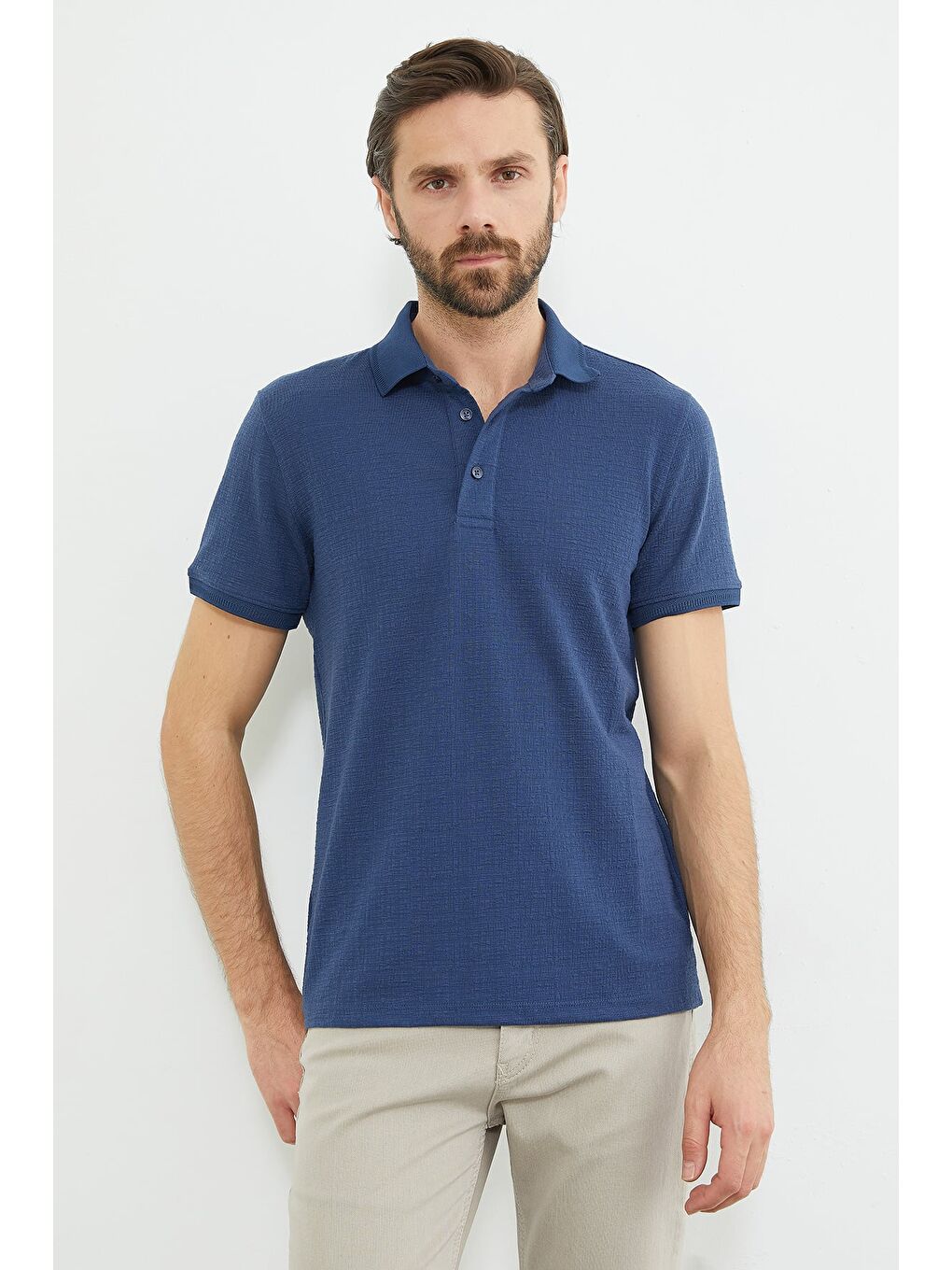 İndigo Desenli Polo Yaka Regular Fit Tişört-2
