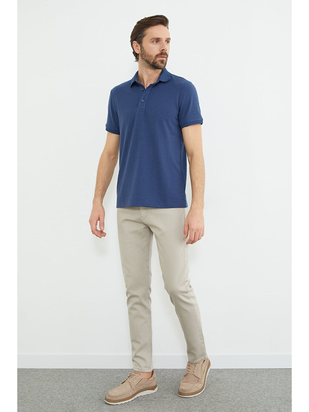 İndigo Desenli Polo Yaka Regular Fit Tişört-3