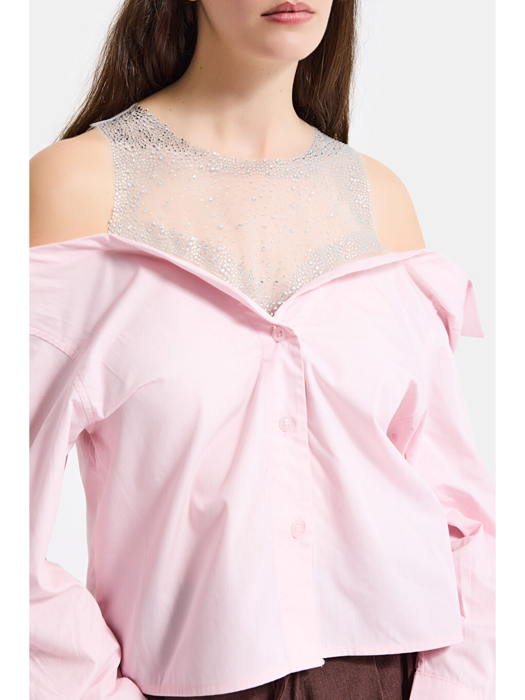 Kadın Pembe Oversize Tül Dantelli Özel Tasarım Gömlek