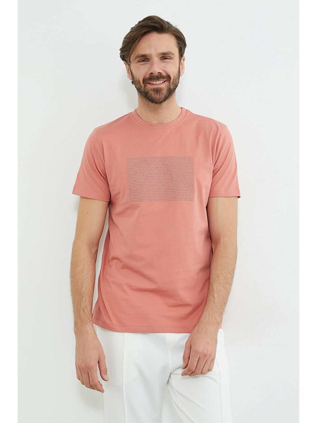 Pembe Kabartma Baskılı Bisiklet Yaka Tişört-1