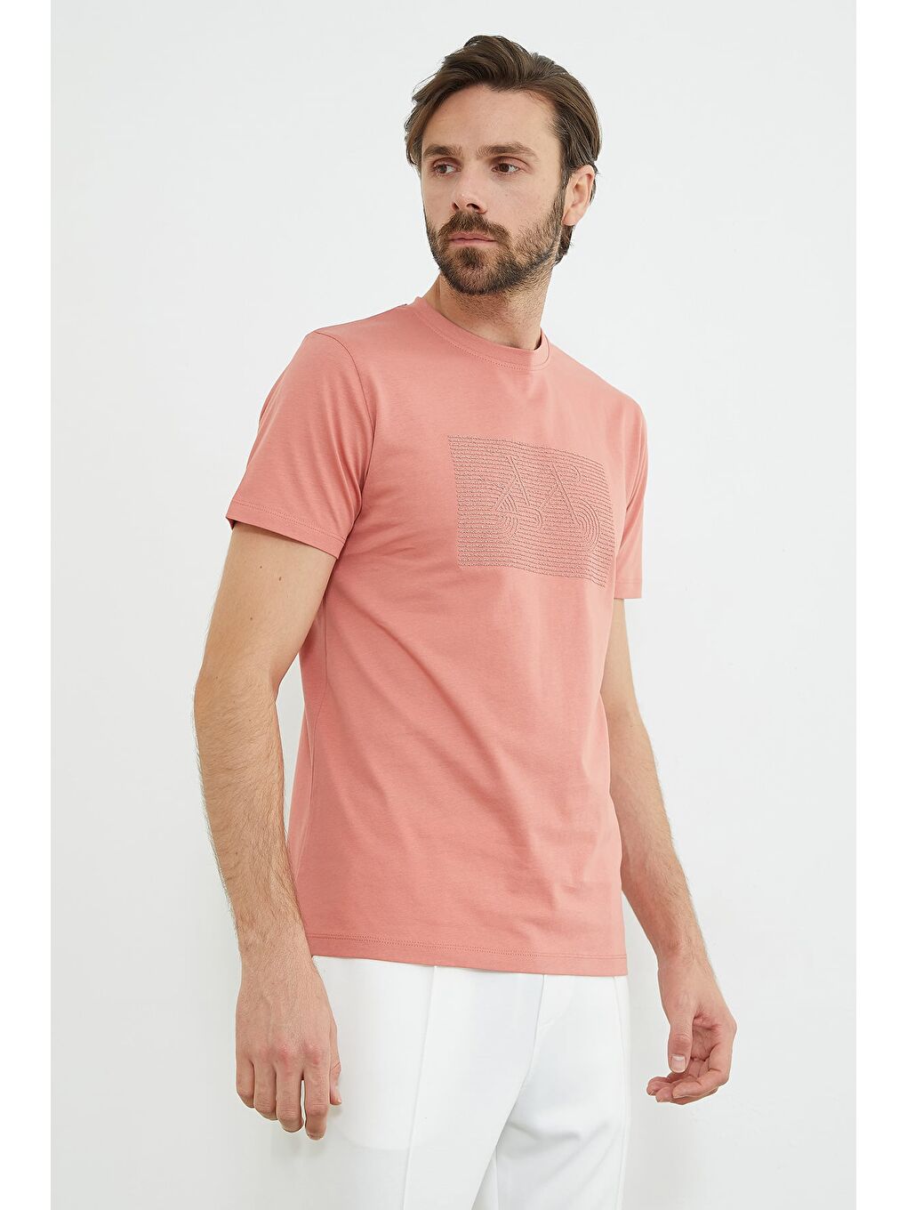 Pembe Kabartma Baskılı Bisiklet Yaka Tişört-2