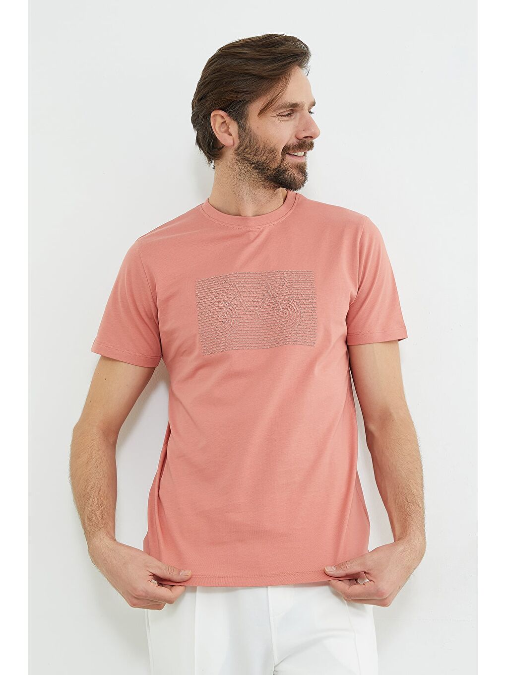 Pembe Kabartma Baskılı Bisiklet Yaka Tişört-4