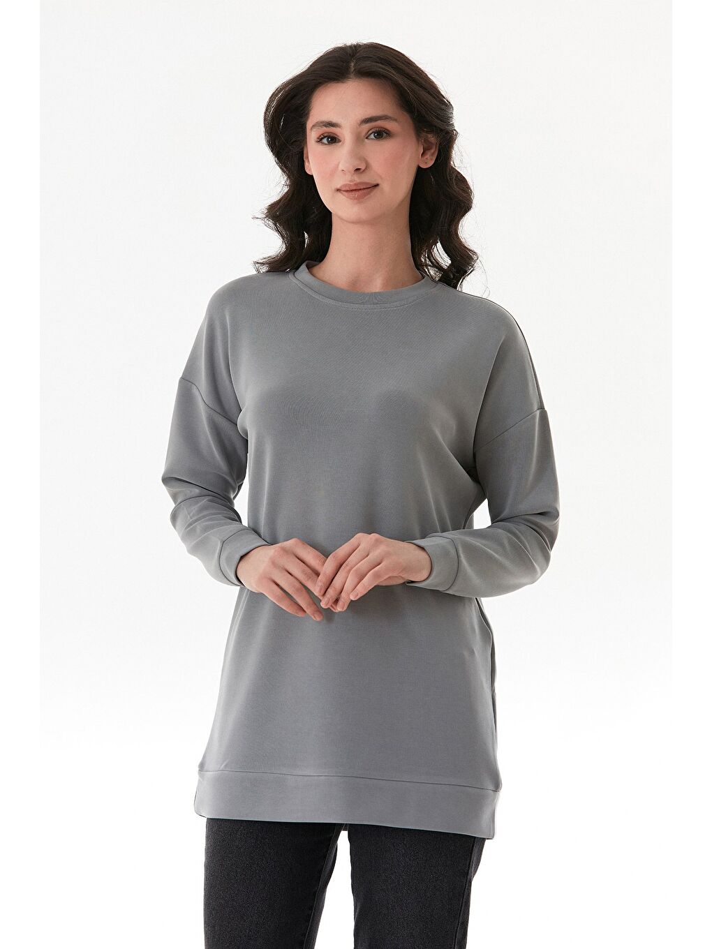 Gri Basic Bisiklet Yaka Modal Tunik