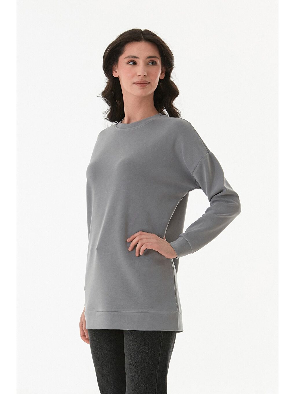 Gri Basic Bisiklet Yaka Modal Tunik-2