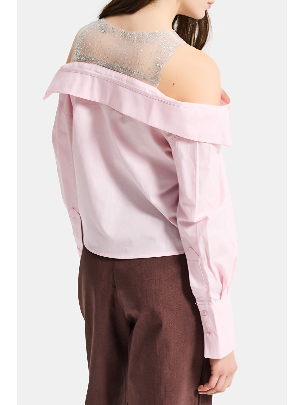 Kadın Pembe Oversize Tül Dantelli Özel Tasarım Gömlek-1