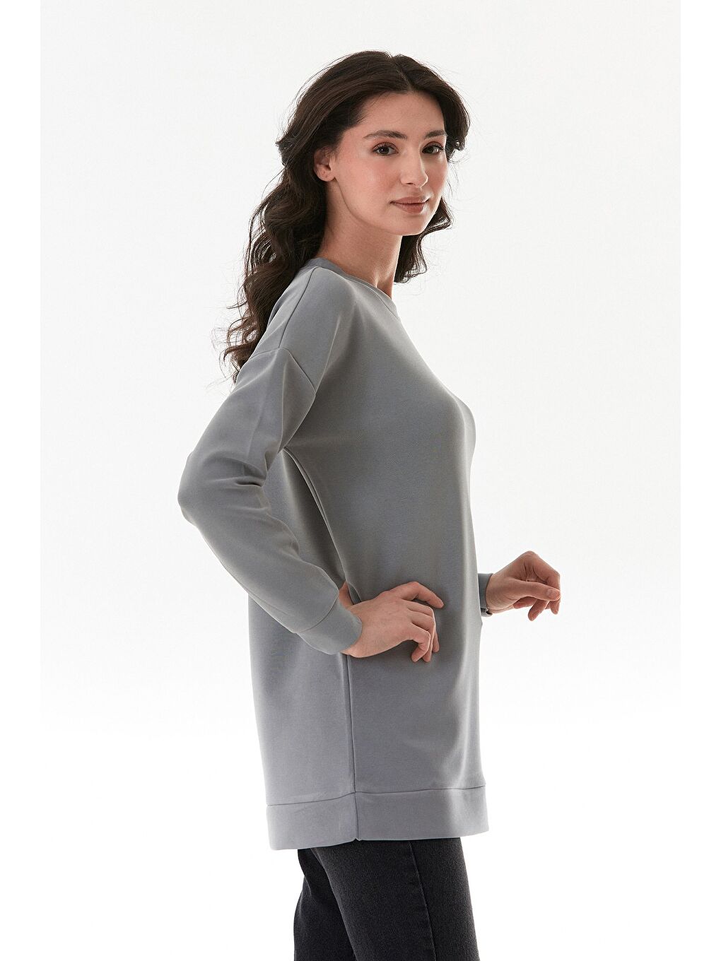 Gri Basic Bisiklet Yaka Modal Tunik-4