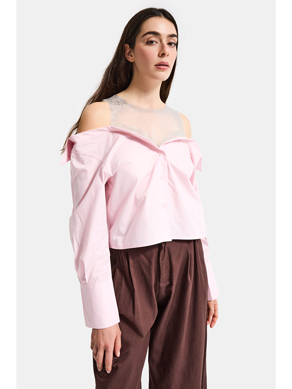 Kadın Pembe Oversize Tül Dantelli Özel Tasarım Gömlek-2