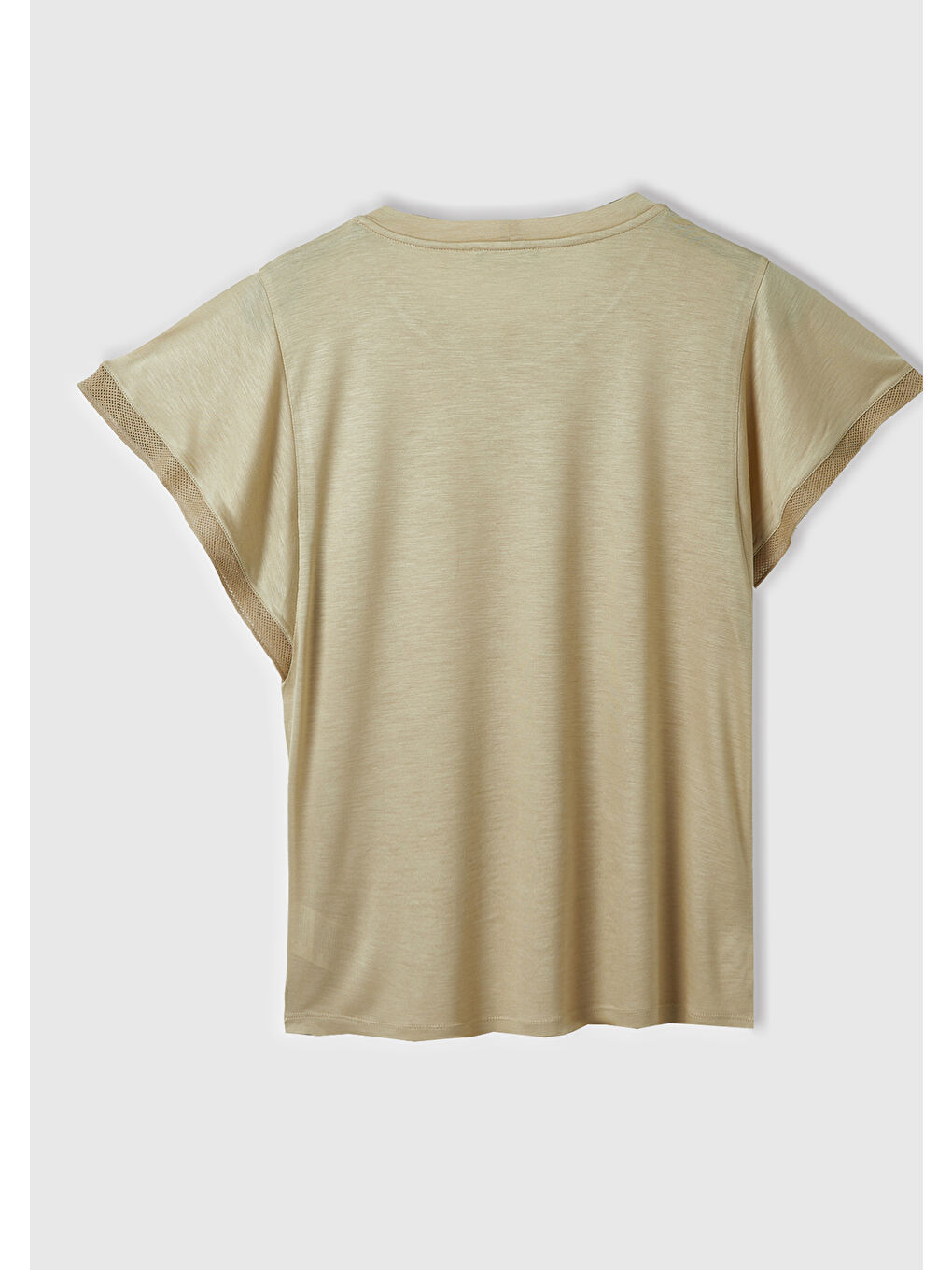 Kadın Bej %100 Viskoz Kolları Fırfır Detaylı Geniş Yaka Tişört-2