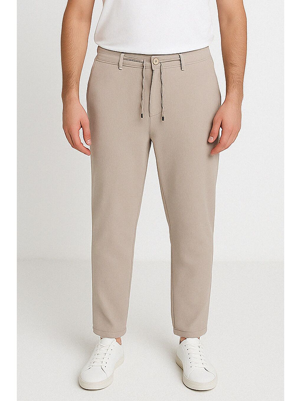 Bej Duble Paça Kendinden Desenli Bel Bağlamalı Erkek Pantolon