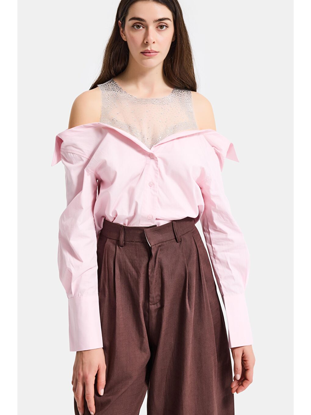 Kadın Pembe Oversize Tül Dantelli Özel Tasarım Gömlek-3