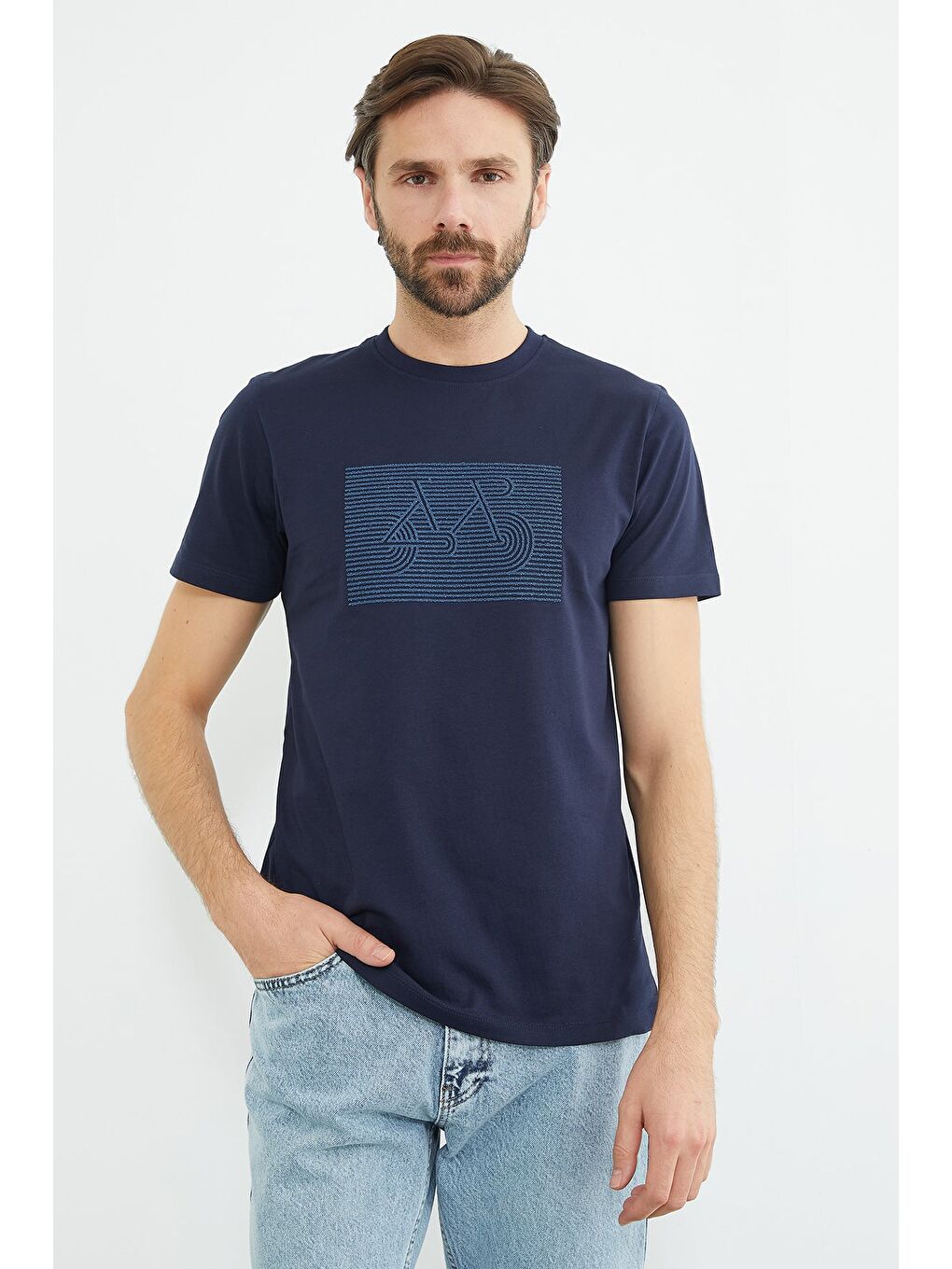 Lacivert Kabartma Baskılı Bisiklet Yaka Tişört