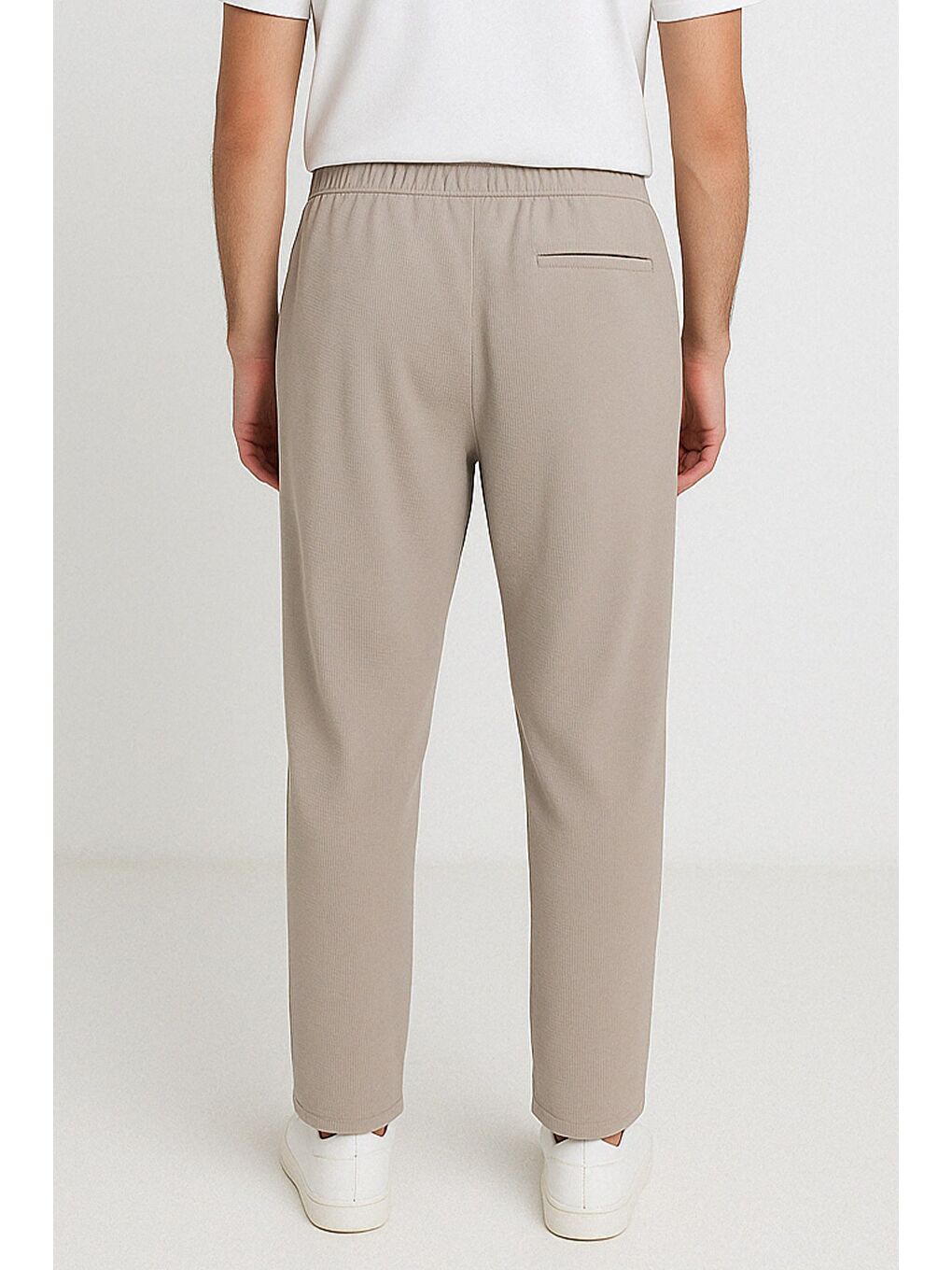 Bej Duble Paça Kendinden Desenli Bel Bağlamalı Erkek Pantolon-1