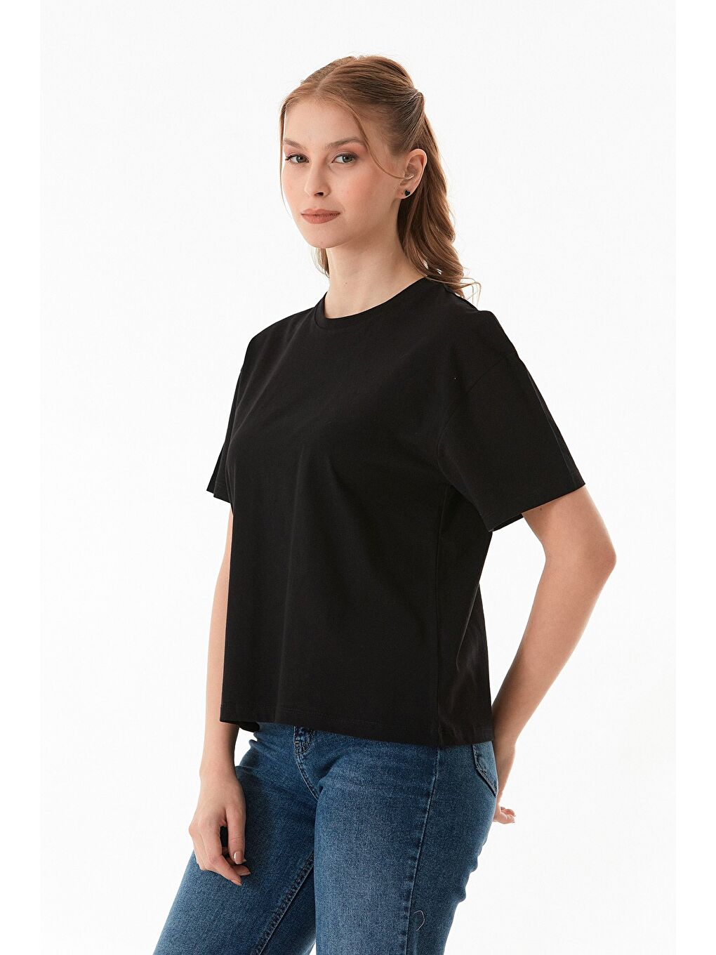 Siyah Basic Bisiklet Yaka Tişört-2