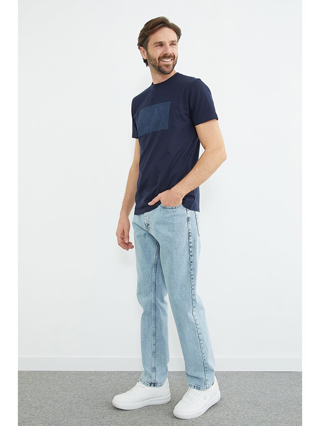 Lacivert Kabartma Baskılı Bisiklet Yaka Tişört-2