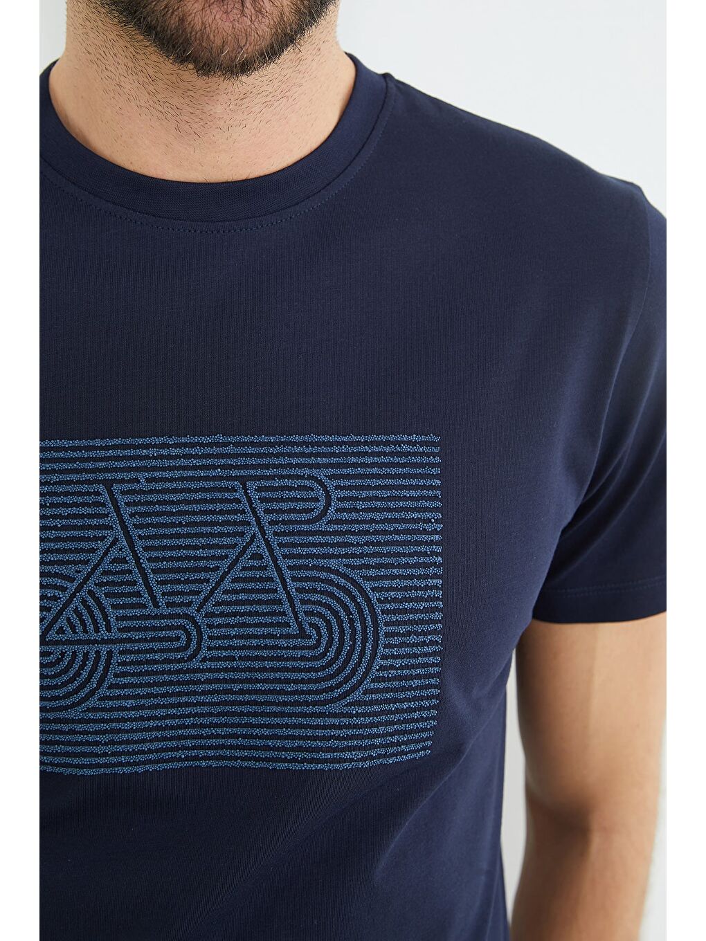 Lacivert Kabartma Baskılı Bisiklet Yaka Tişört-4