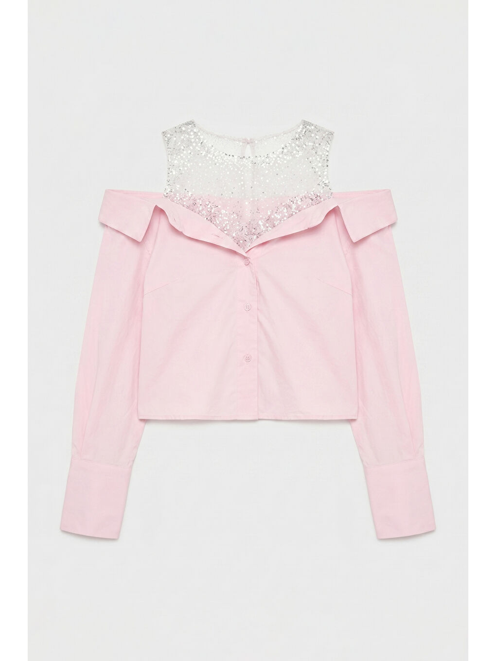 Kadın Pembe Oversize Tül Dantelli Özel Tasarım Gömlek-4