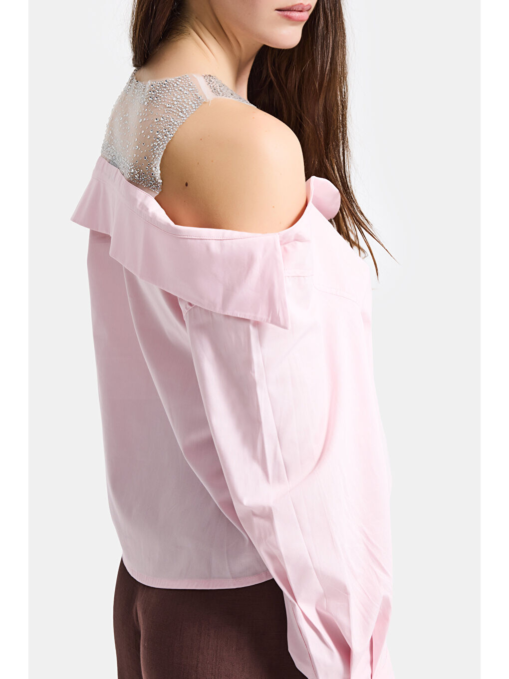 Kadın Pembe Oversize Tül Dantelli Özel Tasarım Gömlek-5