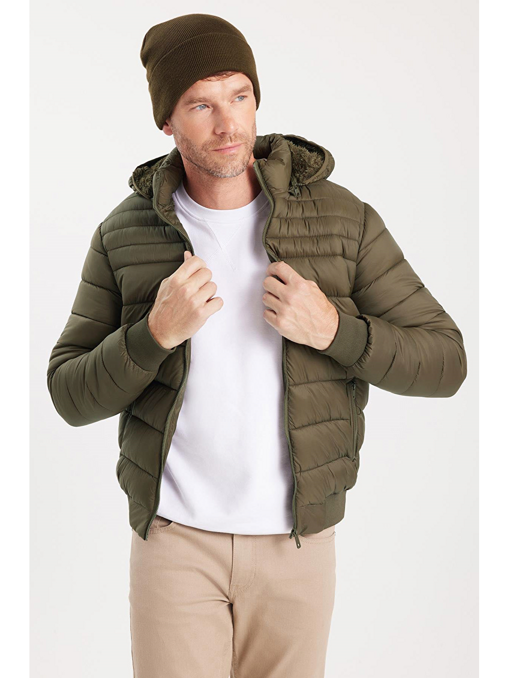 Erkek Relax Fit Rahat Kesim Çift Cepli Kapüşonlu Sıcak Tutan İçi Kürklü Haki Mont