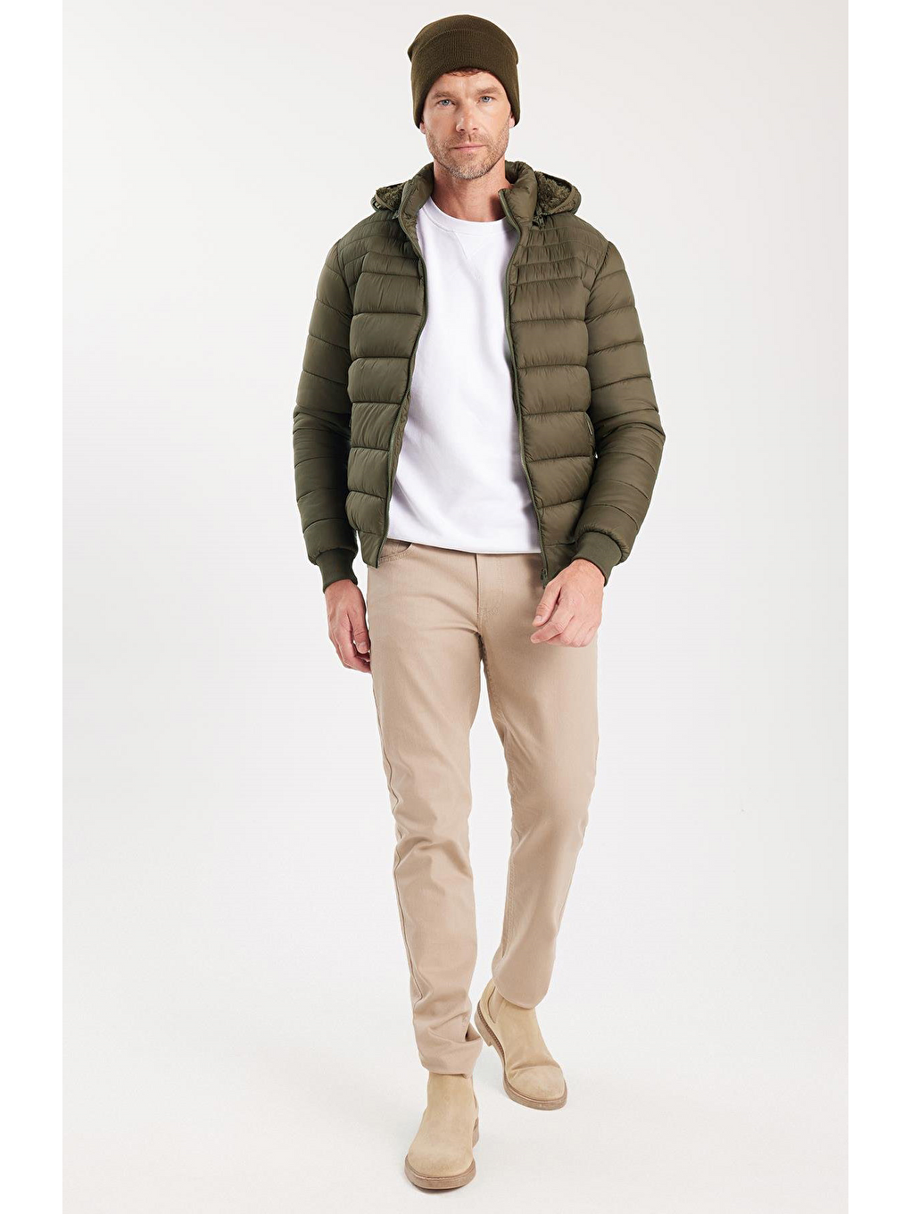 Erkek Relax Fit Rahat Kesim Çift Cepli Kapüşonlu Sıcak Tutan İçi Kürklü Haki Mont-1