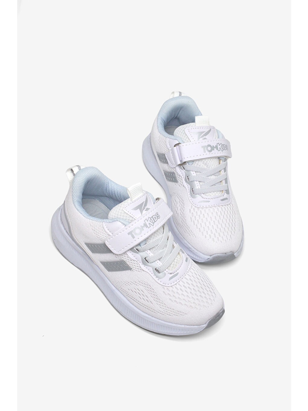 Çocuk Unisex Beyaz Gümüş Rahat Kalıp Nefes Alabilen Cırtlı Bağcıklı Sneaker-2