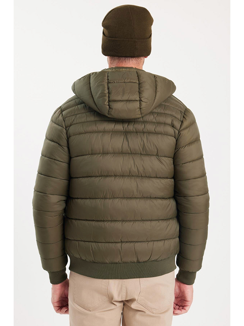 Erkek Relax Fit Rahat Kesim Çift Cepli Kapüşonlu Sıcak Tutan İçi Kürklü Haki Mont-4