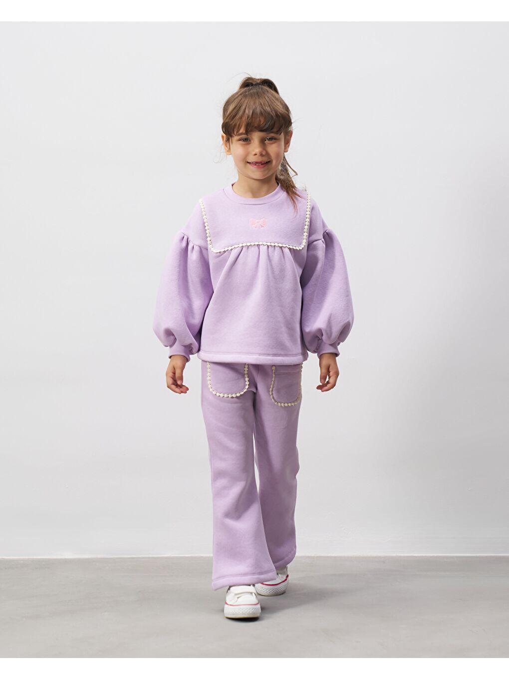 Kız Çocuk Pamuklu Lila İnci Detaylı Sweatshirt Eşofman Takımı - Balon Kol