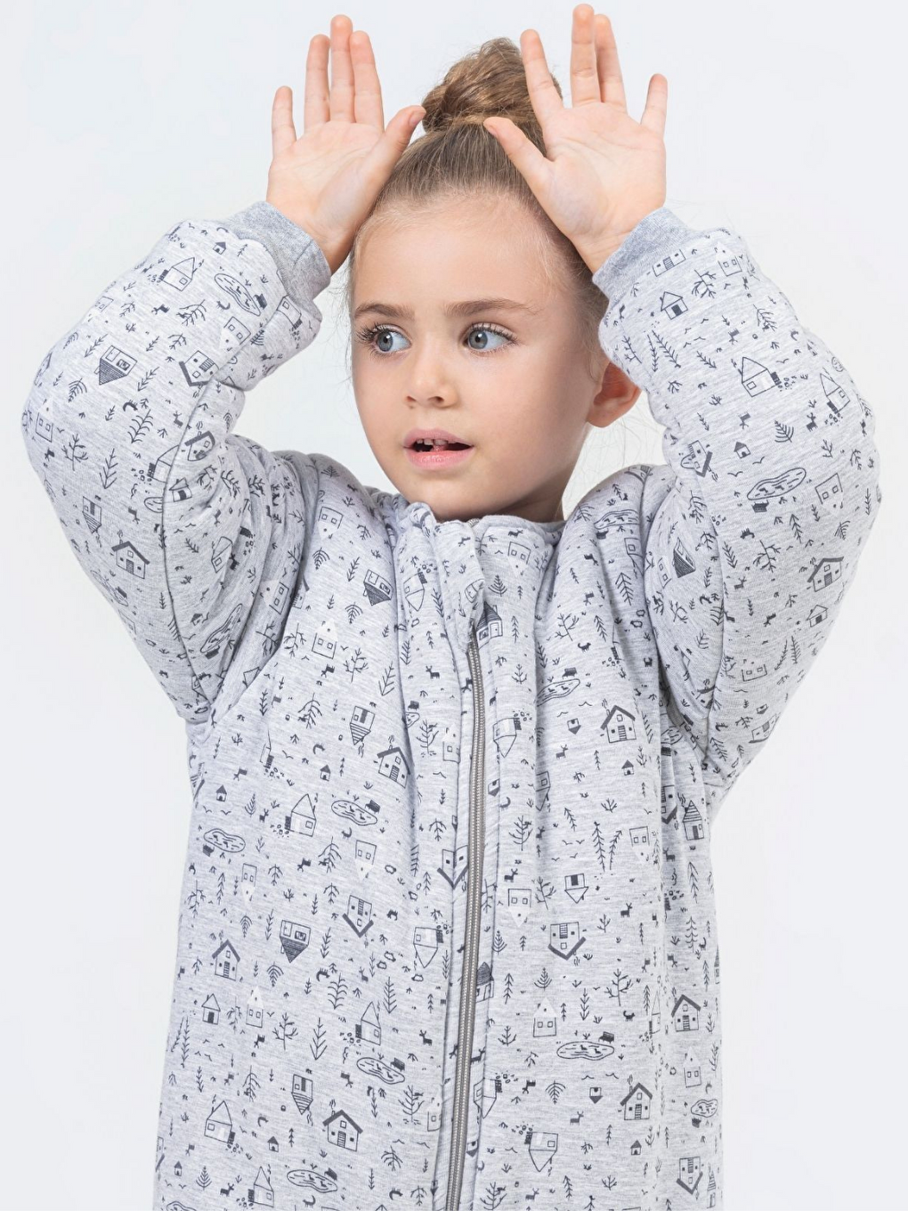 Gri Kız Bebek Kalın Elyaf Dolgulu 2.5 Tog Desenli Uyku Tulumu-1