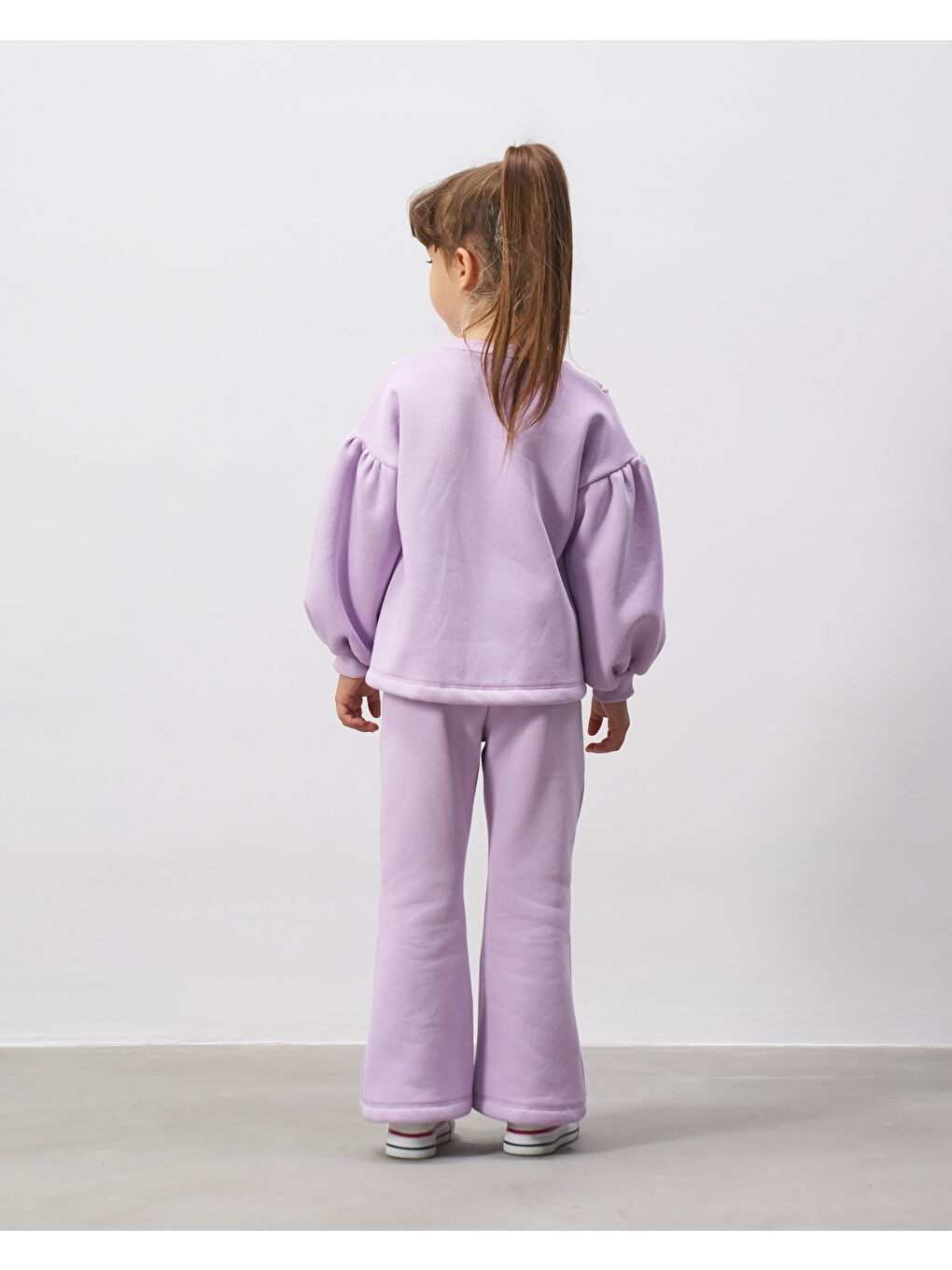 Kız Çocuk Pamuklu Lila İnci Detaylı Sweatshirt Eşofman Takımı - Balon Kol-1