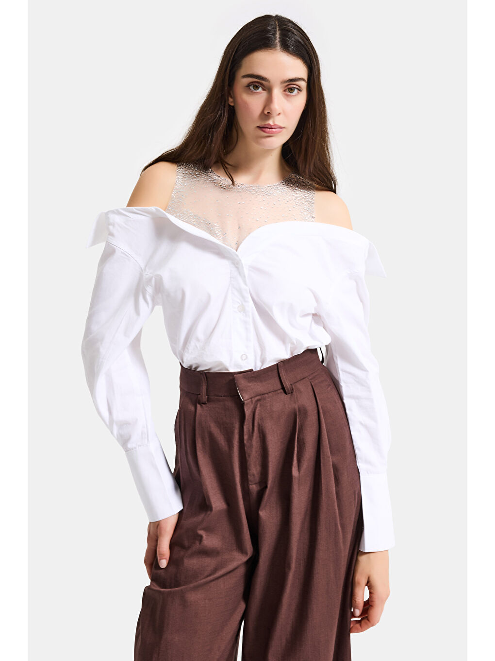 Kadın Beyaz Oversize Tül Dantelli Özel Tasarım Gömlek-3