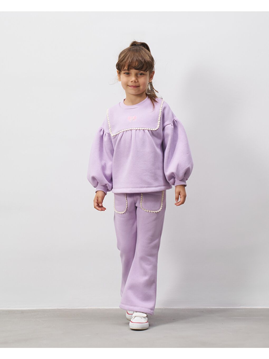 Kız Çocuk Pamuklu Lila İnci Detaylı Sweatshirt Eşofman Takımı - Balon Kol-2